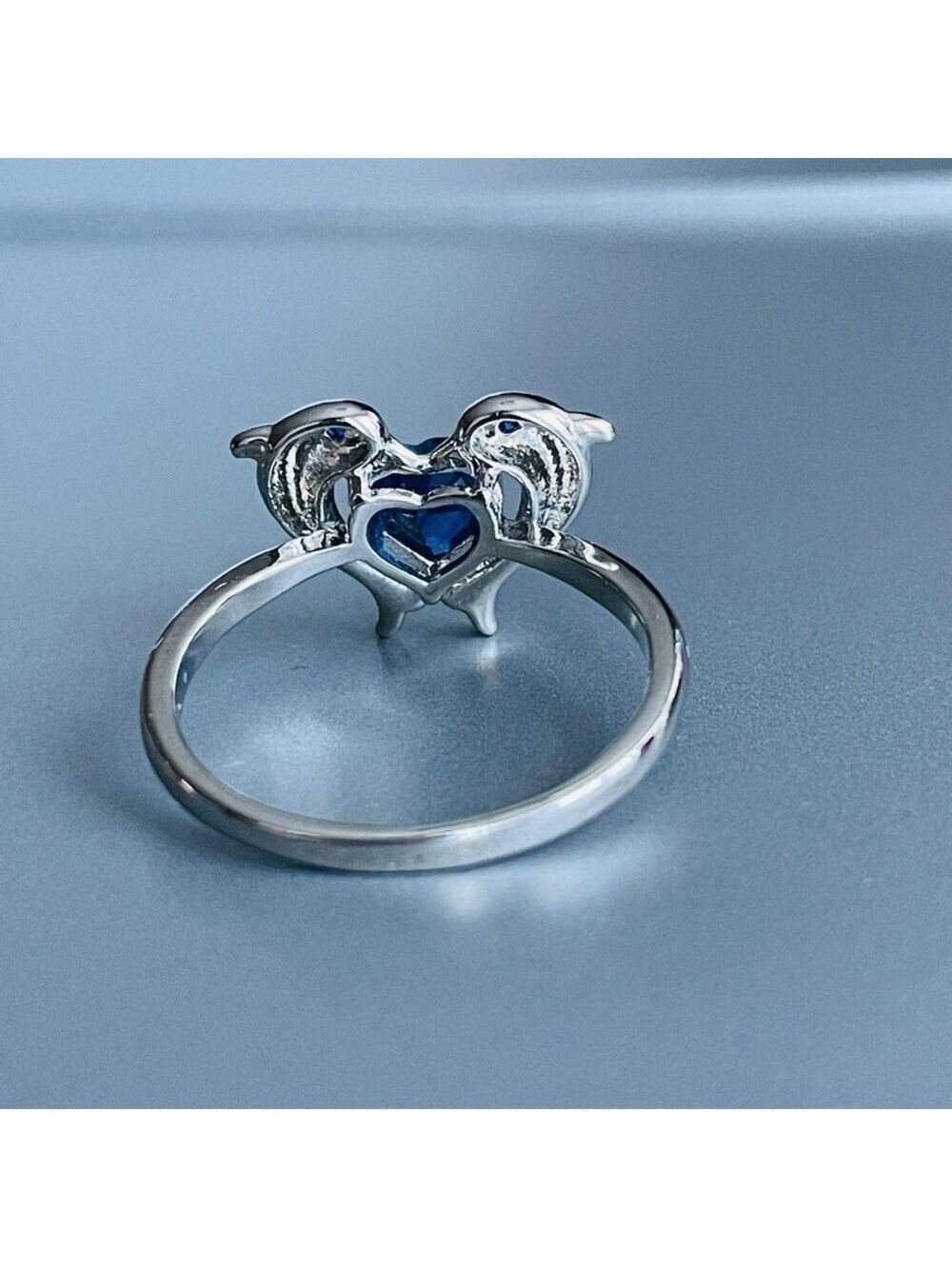 Lab Sapphire Heart 2 Dolphins Sterling Silver Ring Beach Ocean Summer - Picture 4 of 9